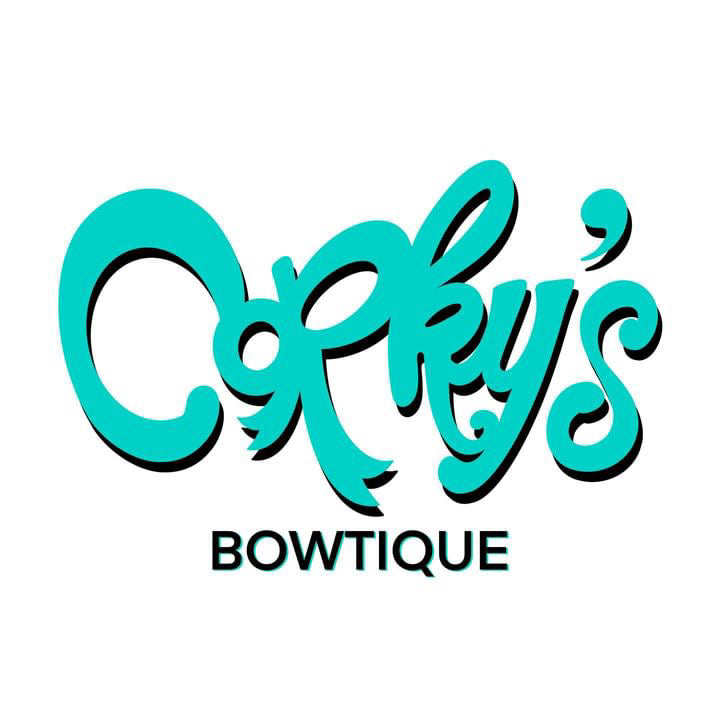 Corky's Bowtique aqua and black logo